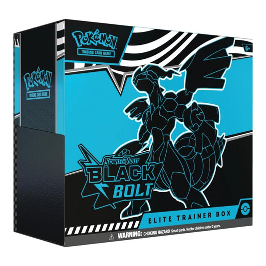 Pokémon Scarlet & Violet Black Bolt Elite Trainer Box featuring a black and blue Zekrom silhouette design.