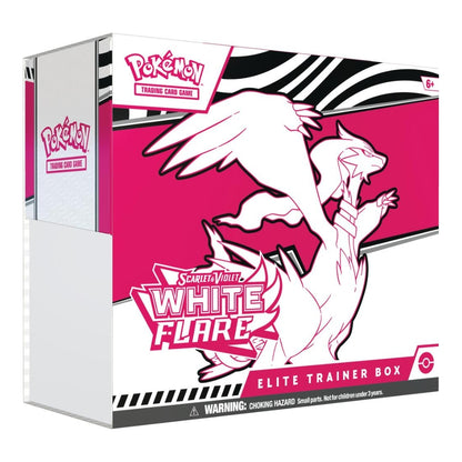 Pokémon Scarlet & Violet White Flare Elite Trainer Box featuring a pink and white design with Reshiram illustration.