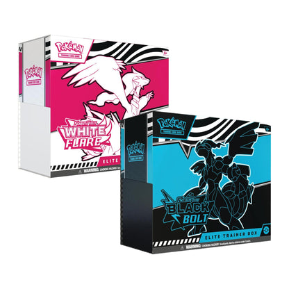 Pokémon Scarlet & Violet Black Bolt and White Flare Elite Trainer Boxes featuring Zekrom and Reshiram artwork.