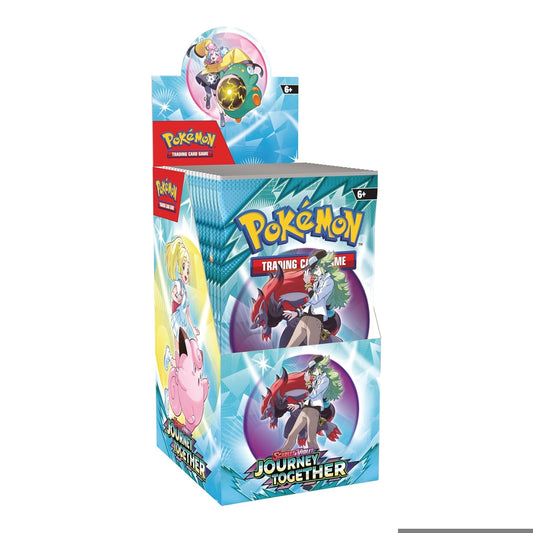 Pokémon Scarlet & Violet Journey Together half booster display box featuring N and Zoroark ex on blue branded packaging.