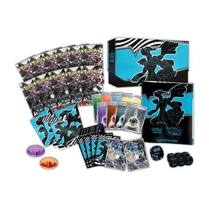 Pokémon TCG Black Bolt Elite Trainer Box featuring Zekrom art, booster packs, promo cards, sleeves, dice, and player guide.