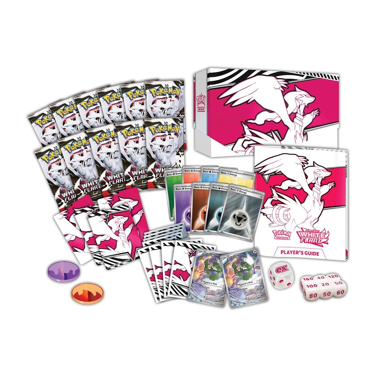 Pokémon TCG White Flare Elite Trainer Box with booster packs, card sleeves, promo cards, dice, and player's guide.