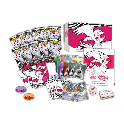 Pokémon TCG White Flare Elite Trainer Box with booster packs, card sleeves, promo cards, dice, and player's guide.
