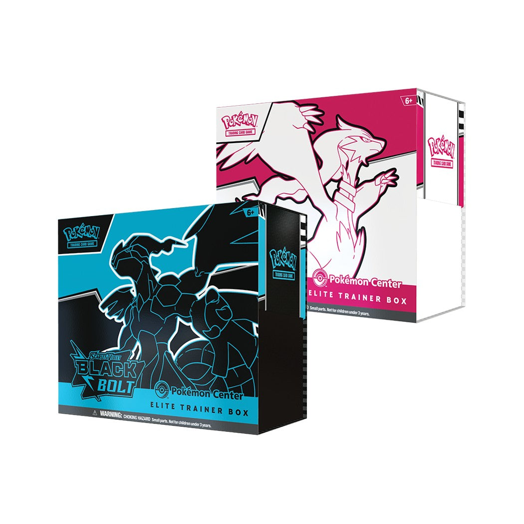Pokémon Scarlet & Violet Black Bolt and White Flare Elite Trainer Boxes featuring Zekrom and Reshiram illustrations.