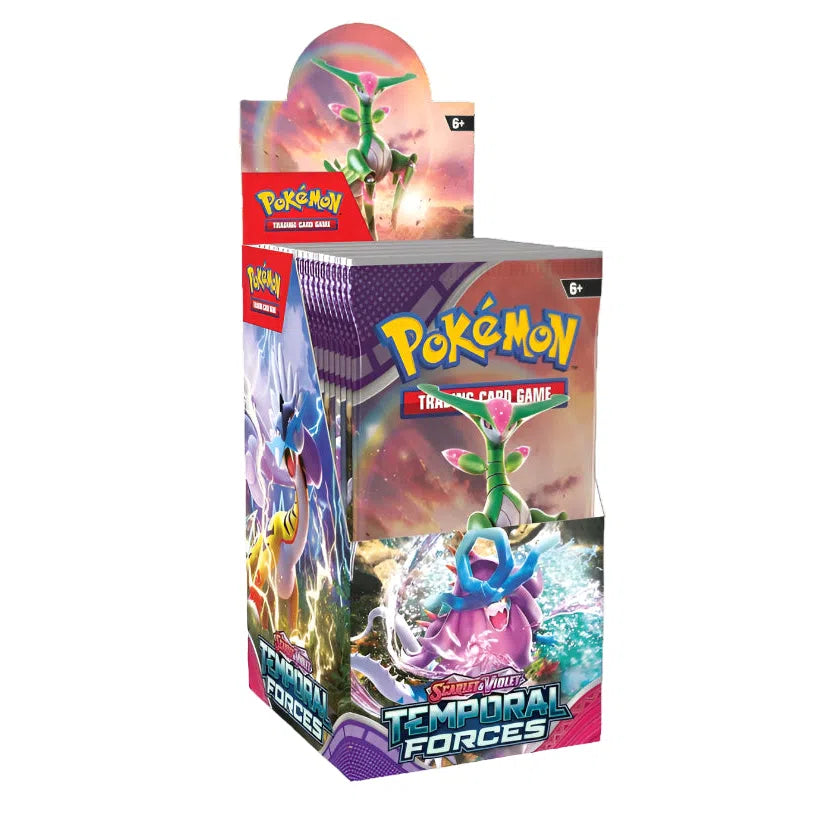 Pokémon TCG Temporal Forces half booster display box featuring Iron Leaves and Walking Wake ex card pack art.