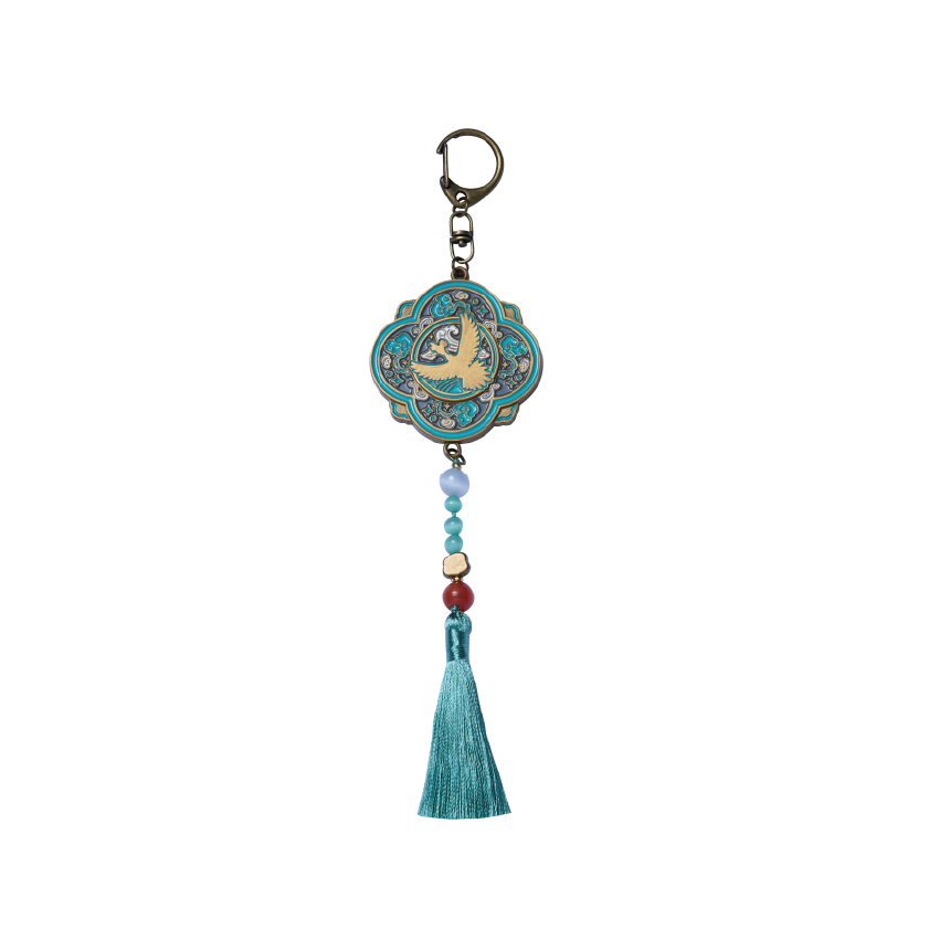 Pokémon Ho-oh keychain with traditional Korean patterns, celadon blue enamel, colorful beads, and a matching fabric tassel.