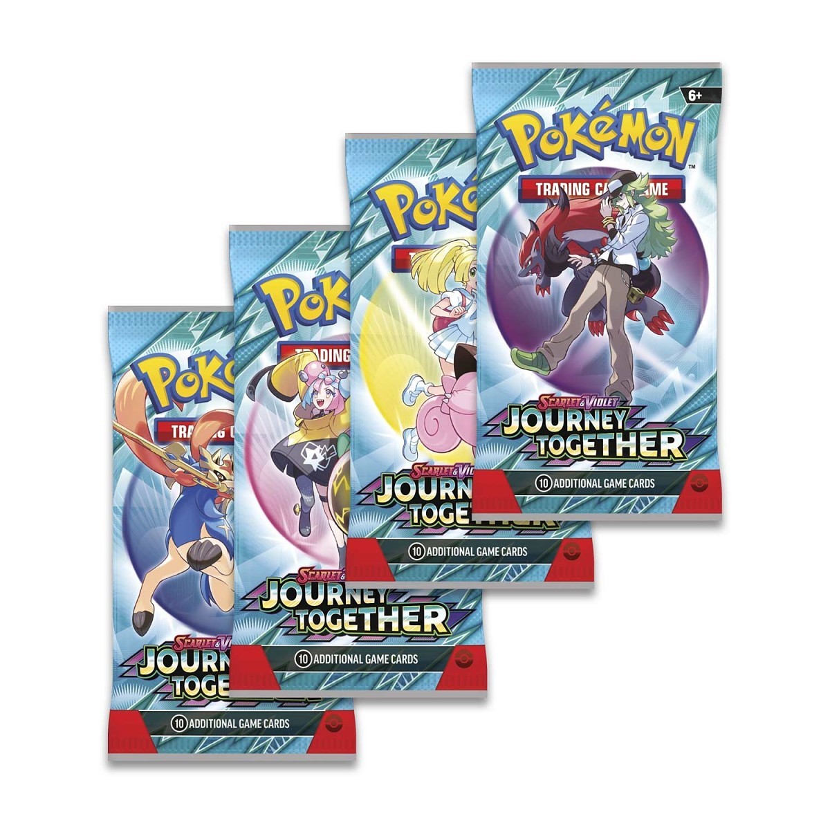 Four Pokémon TCG Journey Together booster packs featuring colorful character artwork and the Scarlet & Violet logo.