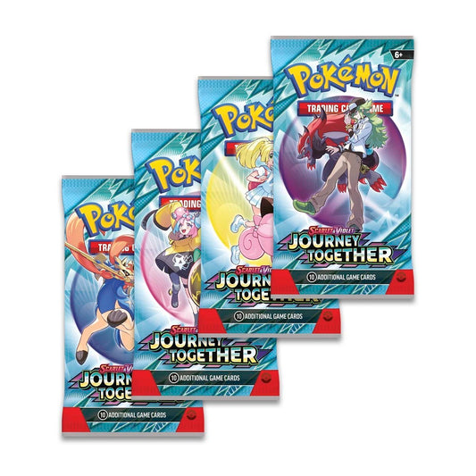 Four Pokémon TCG Journey Together booster packs featuring colorful character artwork and the Scarlet & Violet logo.