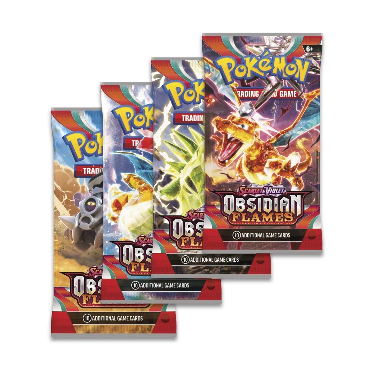 Four Pokémon TCG: Scarlet & Violet—Obsidian Flames booster packs, featuring Charizard ex, Tyranitar, Eiscue, and Vespiquen.