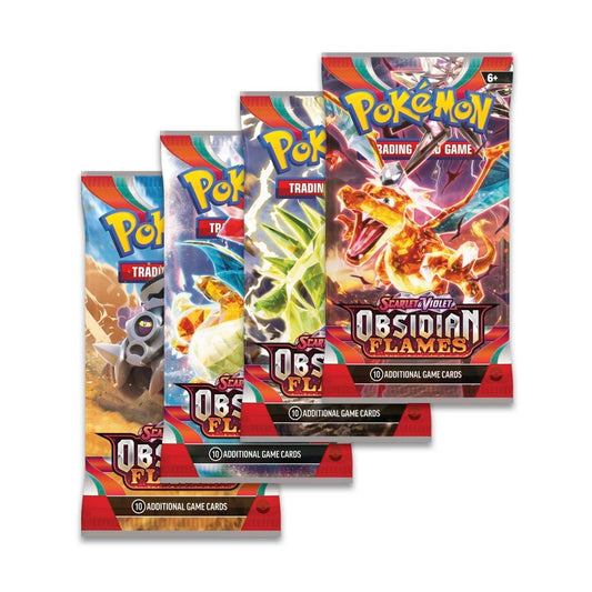 Four Pokémon TCG: Scarlet & Violet—Obsidian Flames booster packs, featuring Charizard ex, Tyranitar, Eiscue, and Vespiquen.