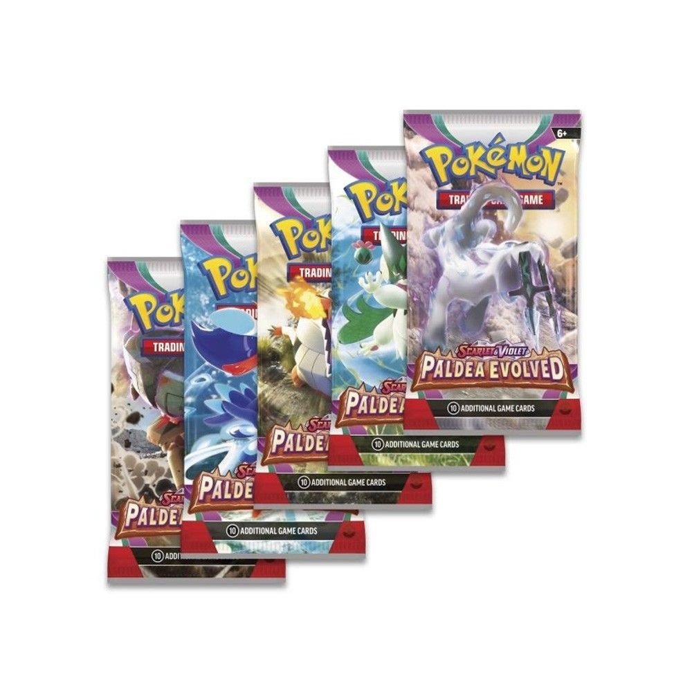 Four Pokémon TCG Paldea Evolved booster packs featuring colorful character artwork and the Scarlet & Violet logo.