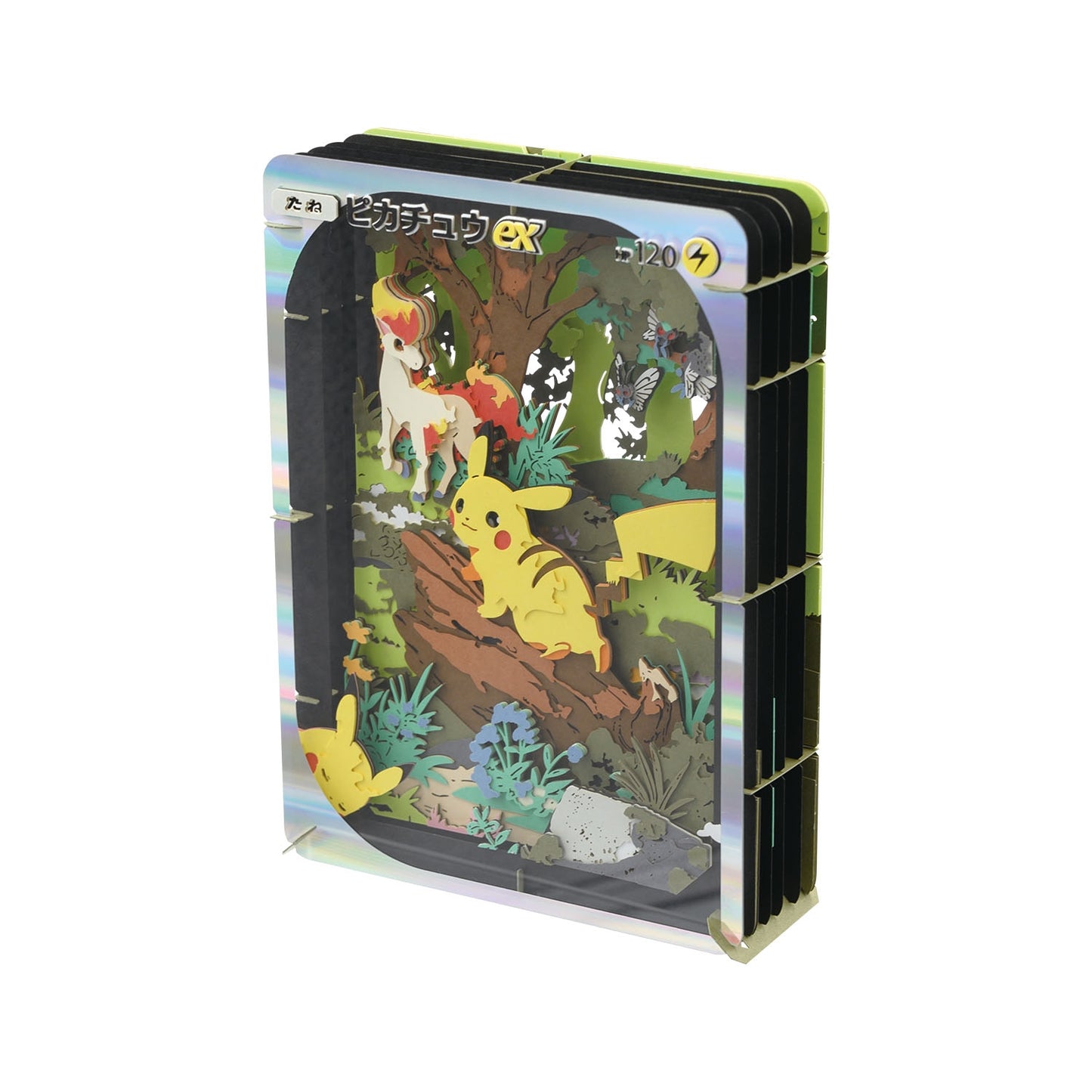 3D Pokémon Paper Theater kit featuring a layered Pikachu EX card design with laser-cut paper forest scenery.