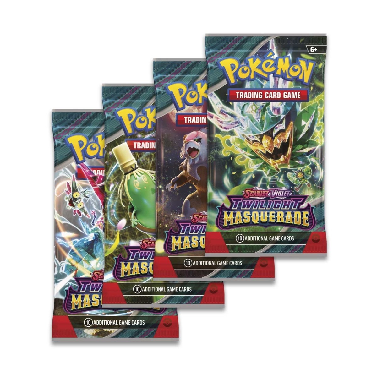 Three Pokémon TCG Twilight Masquerade booster packs featuring colorful Ogerpon and Sinistcha character artwork.