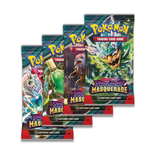 Three Pokémon TCG Twilight Masquerade booster packs featuring colorful Ogerpon and Sinistcha character artwork.