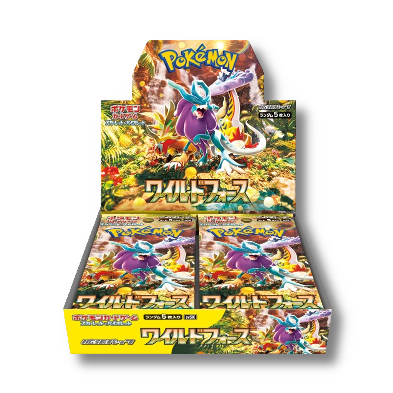 Japanese Pokémon Wild Force Booster Box, open to display colorful packs featuring Suicune and jungle art.