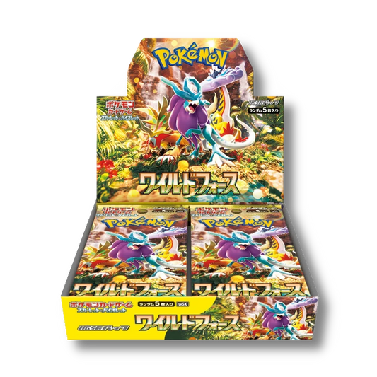 Japanese Pokémon Wild Force Booster Box, open to display colorful packs featuring Suicune and jungle art.