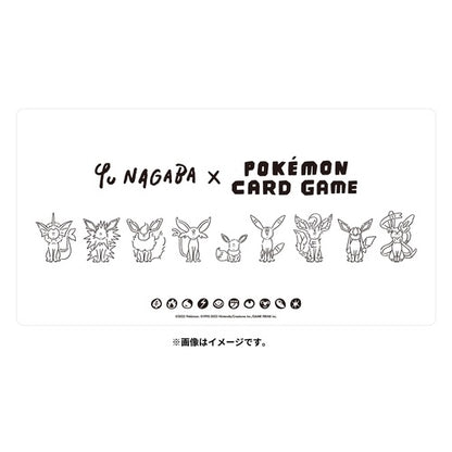 White playmat with black line art of Eevee and its evolutions, "Yu Nagaba x Pokémon Card Game" logo.