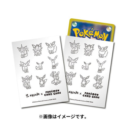 White Pokémon Yu Nagaba X Eevee card sleeves with black line art of Eevee and evolutions, featuring a Pokémon card.