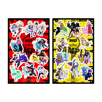 Two sticker sheets featuring Pokémon and Jump manga characters on vibrant red and yellow backgrounds with black borders.