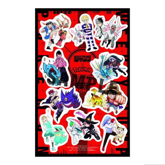 Pokémon x Jump Magazine sticker sheet featuring colorful anime characters and Pokémon on a red and black background.
