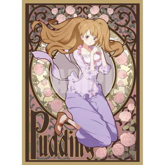 Anime card sleeve featuring Pudding in a purple outfit, surrounded by pink roses and ornate brown borders.
