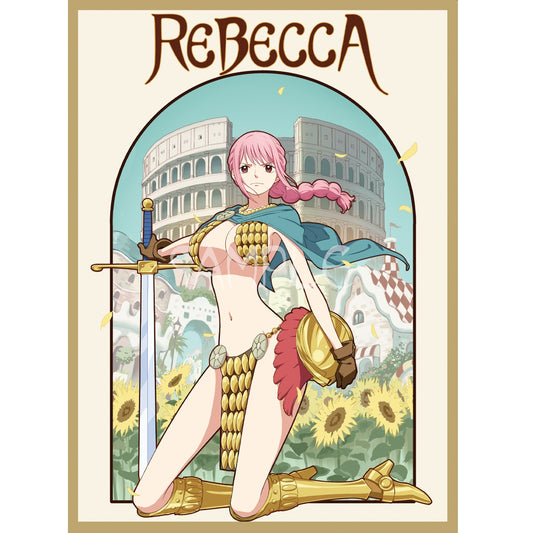 Anime character Rebecca with pink hair, gold armor, blue cape, and sword, kneeling in a sunflower field.
