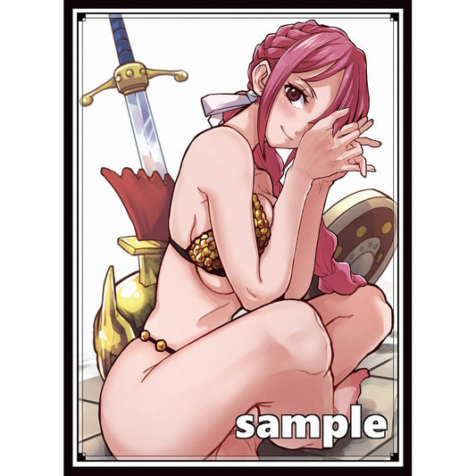 Rebecca card sleeve featuring a pink-haired anime girl in a gold bikini, with a sword and shield.