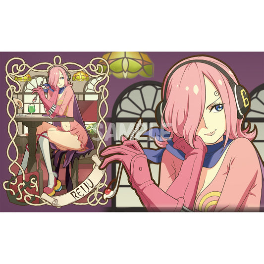 Reiju Rubber Playmat featuring a pink-haired anime character in a cafe, with a close-up on the right.
