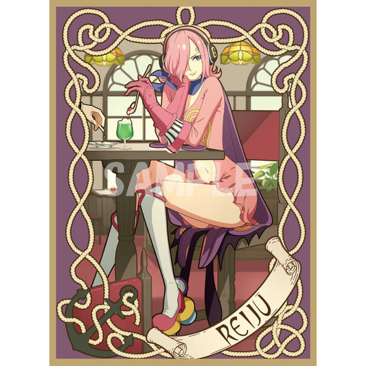 Reiju card sleeve with pink-haired character in a cafe, framed by a rope and anchor design.
