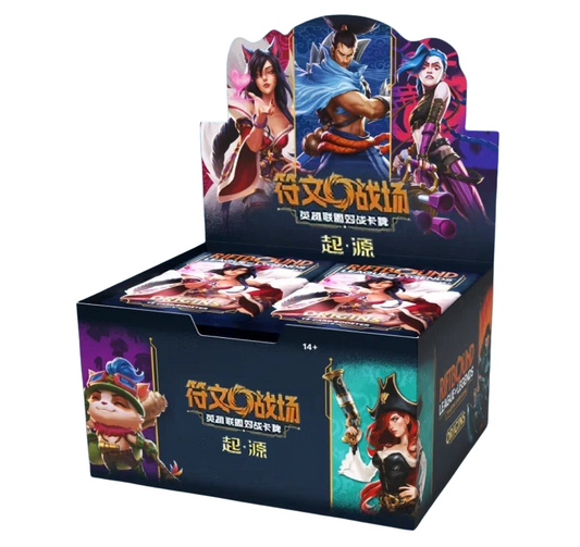 Riftbound Origins Jumbo Booster Box featuring colorful League of Legends character art on a black cardboard display case.