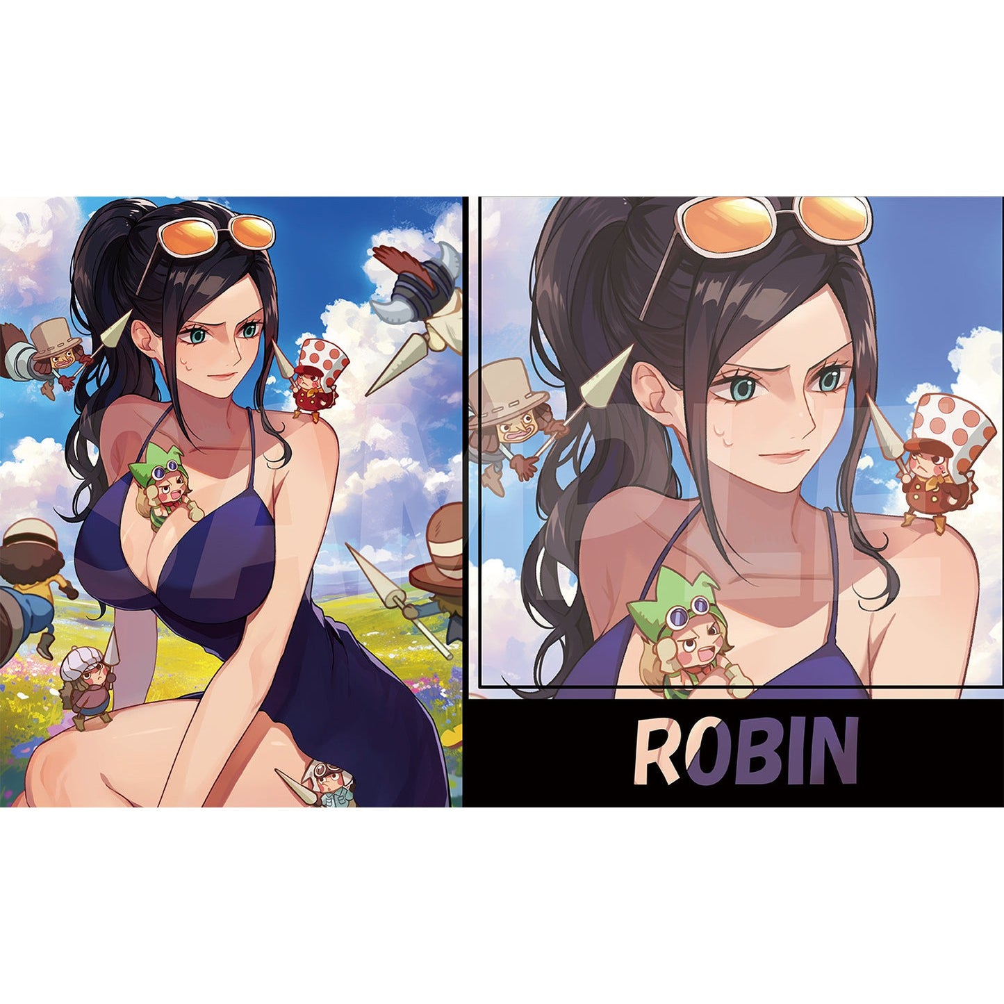 Anime-style Robin rubber playmat with a purple dress, sunglasses, and small characters, against a blue sky.