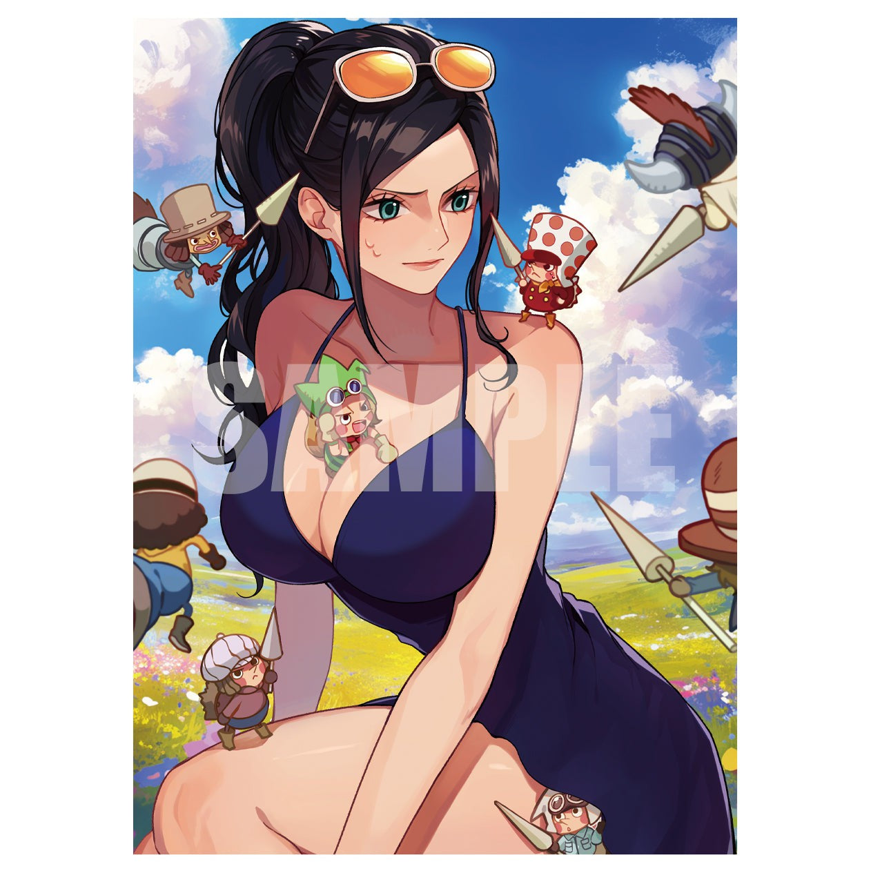 Anime art of Robin in a blue dress with sunglasses, surrounded by tiny characters in a field.