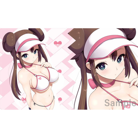 Anime girl Rosa in a white and pink bikini and visor on a rubber playmat, 60x35cm.