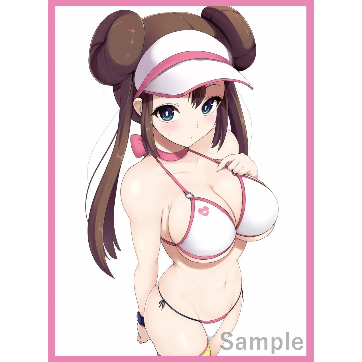 Anime girl Rosa in a white bikini and visor, with a pink border, on a protective card sleeve.