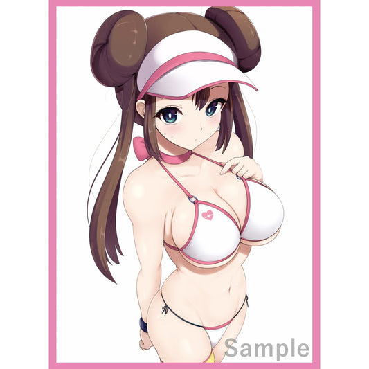 Anime girl Rosa in a white bikini and visor, with a pink border, on a protective card sleeve.