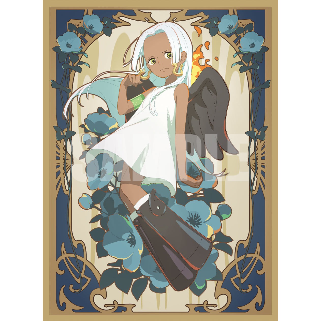Anime card sleeve featuring a dark-skinned girl with white hair, black wings, and blue flowers in an ornate frame.
