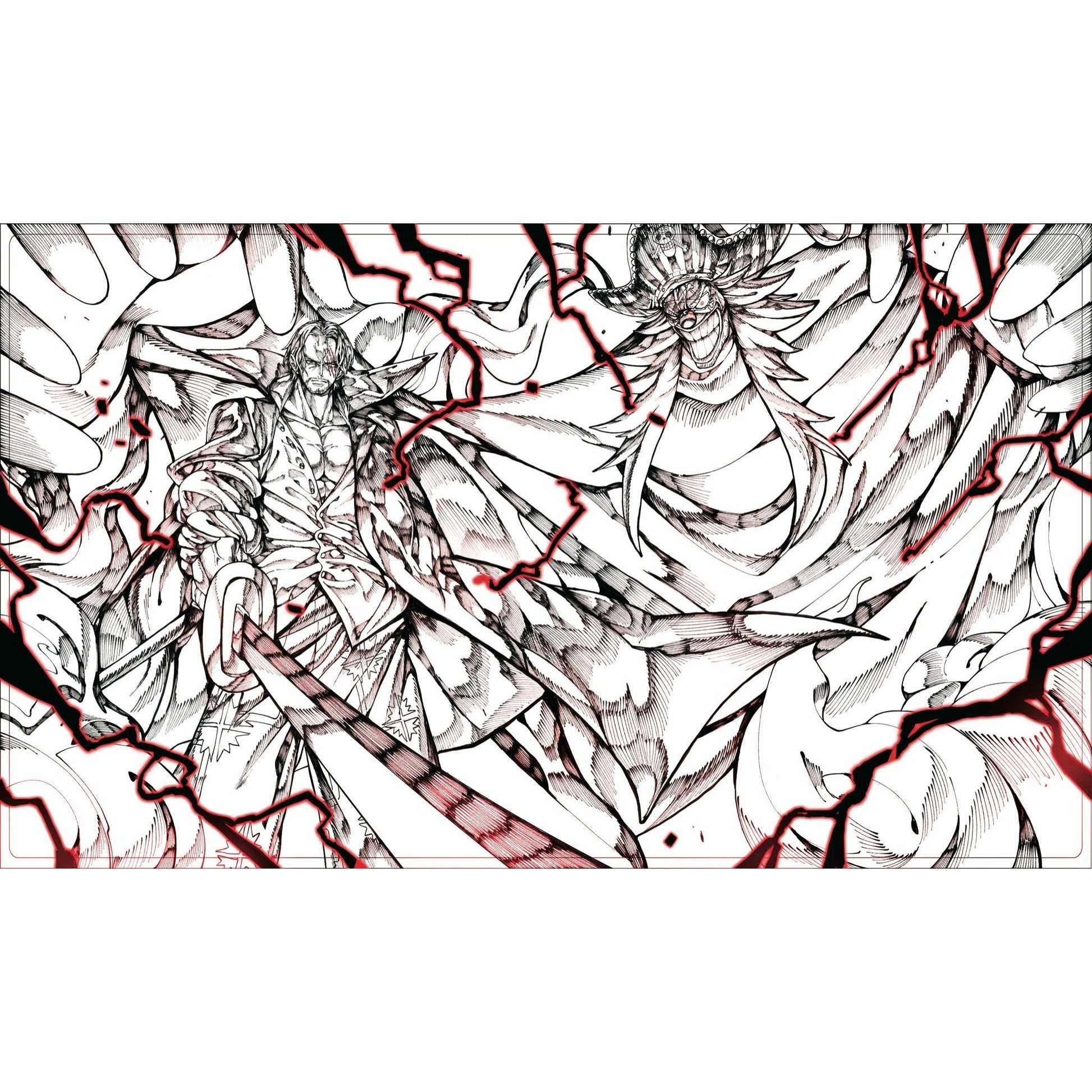 Black and white anime-style playmat featuring Shanks and Buggy with red lightning accents.