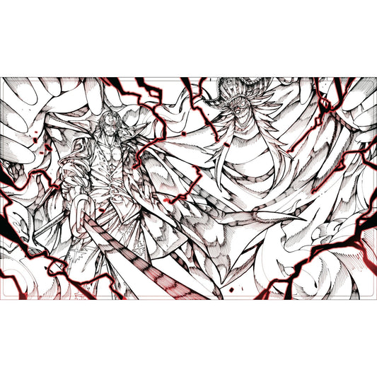 Black and white anime-style playmat featuring Shanks and Buggy with red lightning accents.
