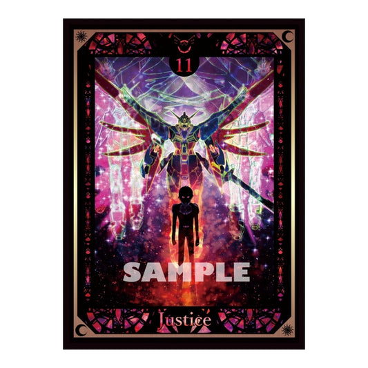 Shinn Sleeve card protector featuring a Justice Gundam design with vibrant pink and purple cosmic artwork.