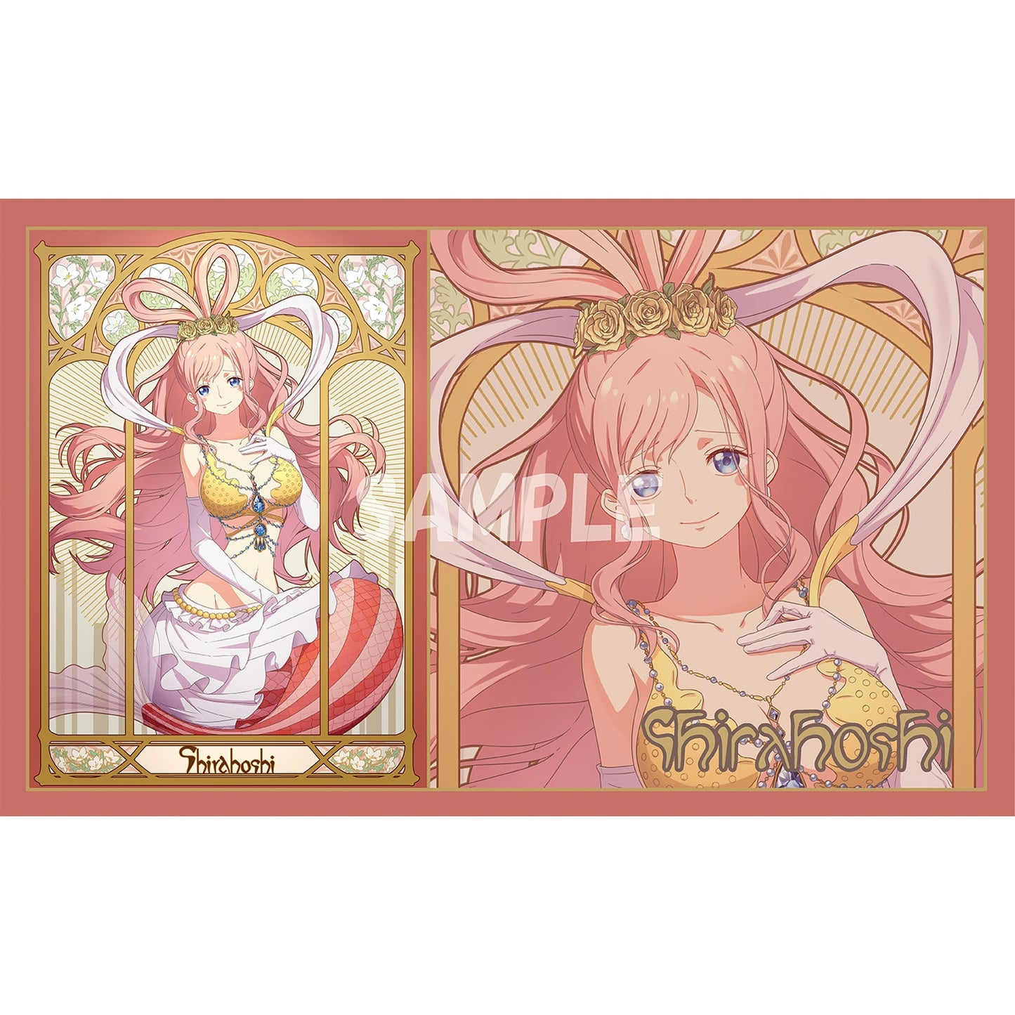 Shirahoshi rubber playmat with pink-haired mermaid in yellow top and white skirt, 58x30cm.