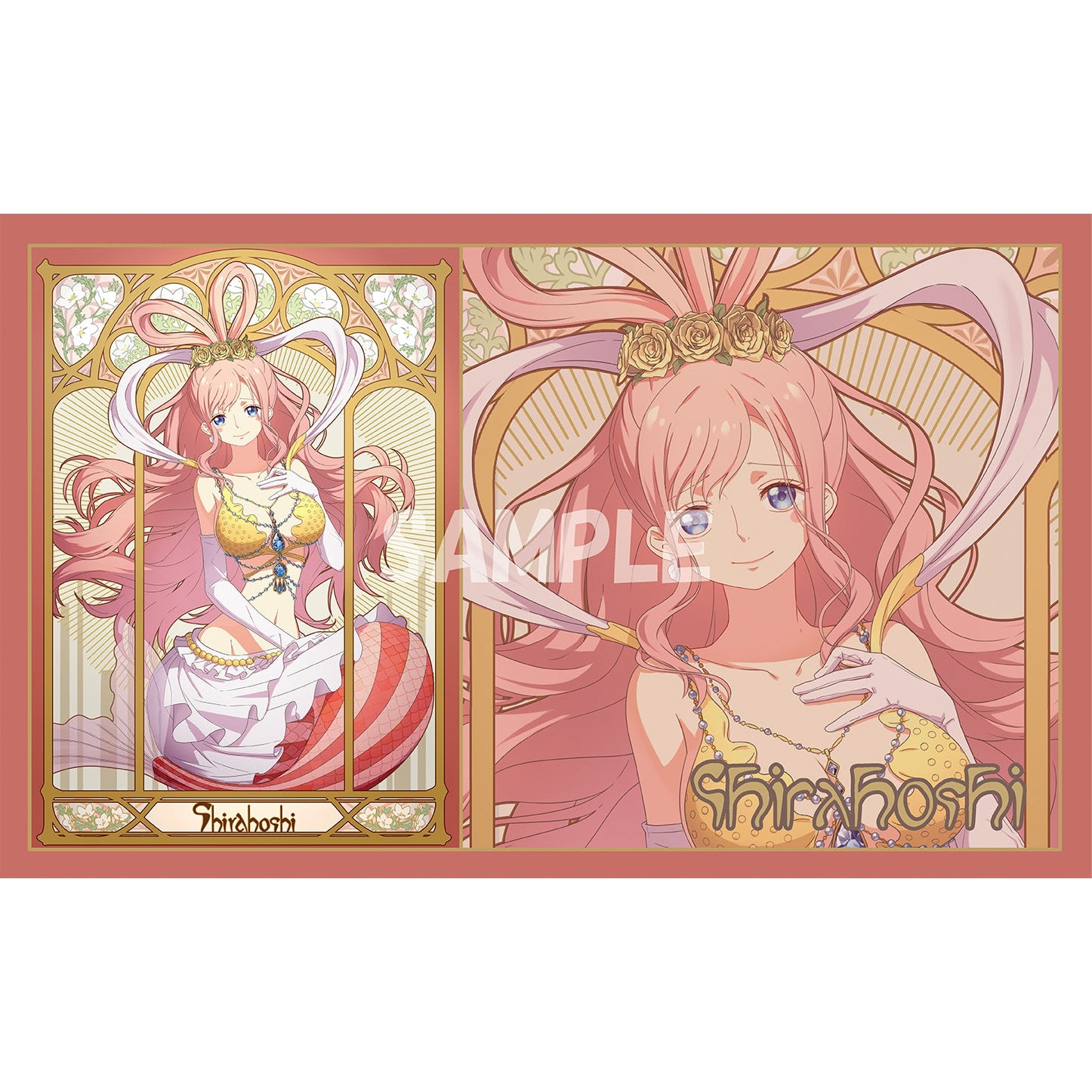 Shirahoshi rubber playmat with pink-haired mermaid in yellow top and white skirt, 58x30cm.