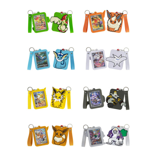 Colorful Pokémon silicone card displays with various character designs and included protective cases.