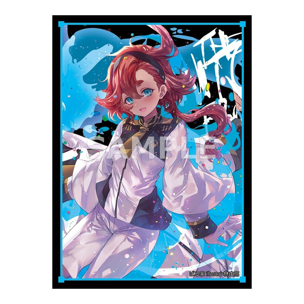 Suletta Mercury card sleeve featuring vibrant blue abstract art and a white uniform design, set of 60 protective PP sleeves.