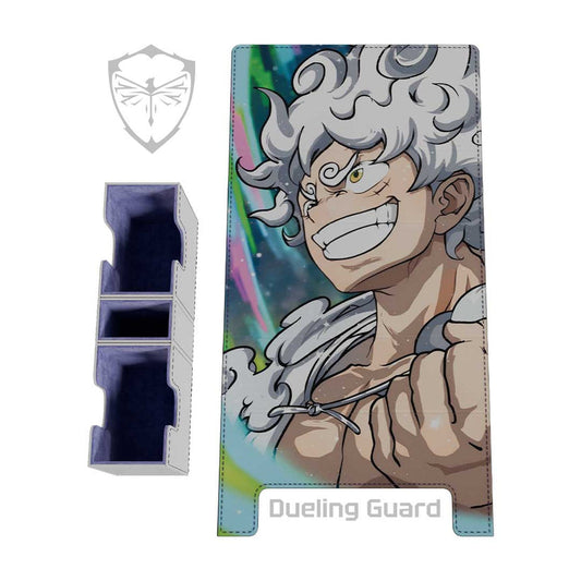 Sun God Luffy embroidered vegan leather deck box with purple suede interior and magnetic storage slots.