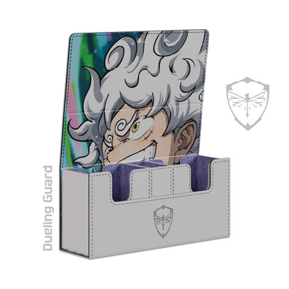 Sun God Luffy embroidered vegan leather deck box with purple suede interior and magnetic closure for 160 standard cards.