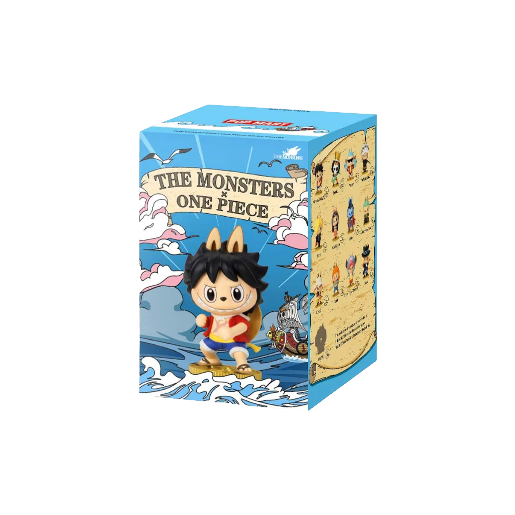 THE MONSTERS x One Piece 9cm PVC blind box featuring a Luffy-inspired character figure on a blue illustrated display box.
