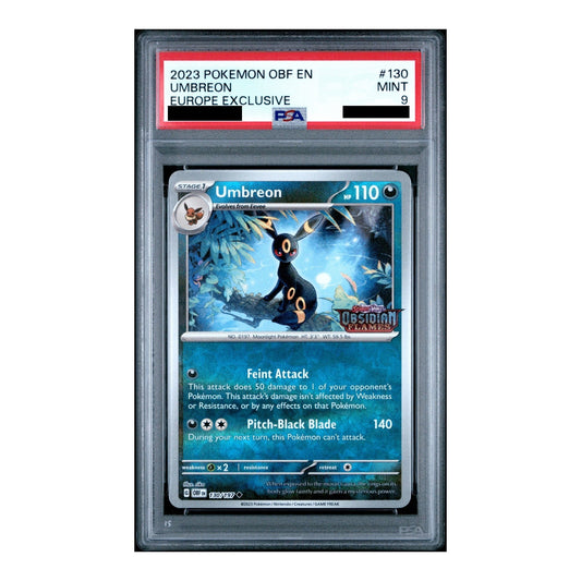 PSA 9 graded Umbreon Obsidian Flames European promo card featuring a black Umbreon in a blue forest setting.