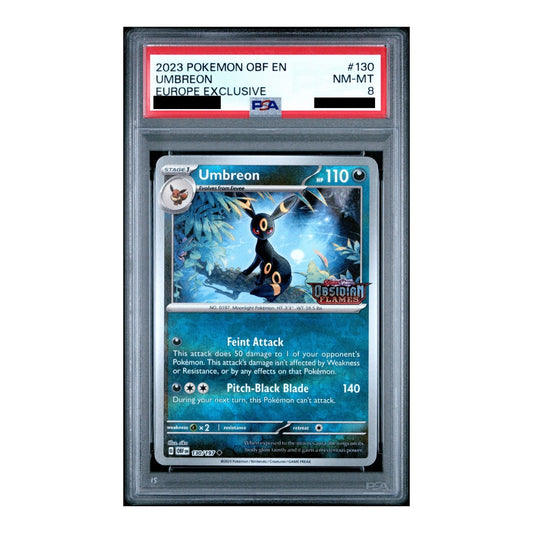PSA 8 graded Umbreon Obsidian Flames European promo card featuring a black Umbreon in a blue forest setting.