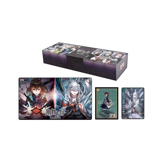 Union Arena Arknights special set featuring a character-themed rubber playmat, card sleeves, action point cards, and box.