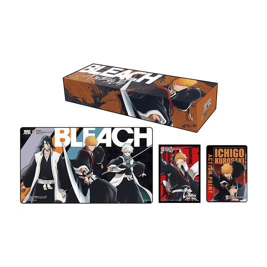 Union Arena Bandai Fest BLEACH special set: storage box, rubber playmat, card sleeves, and action point cards.